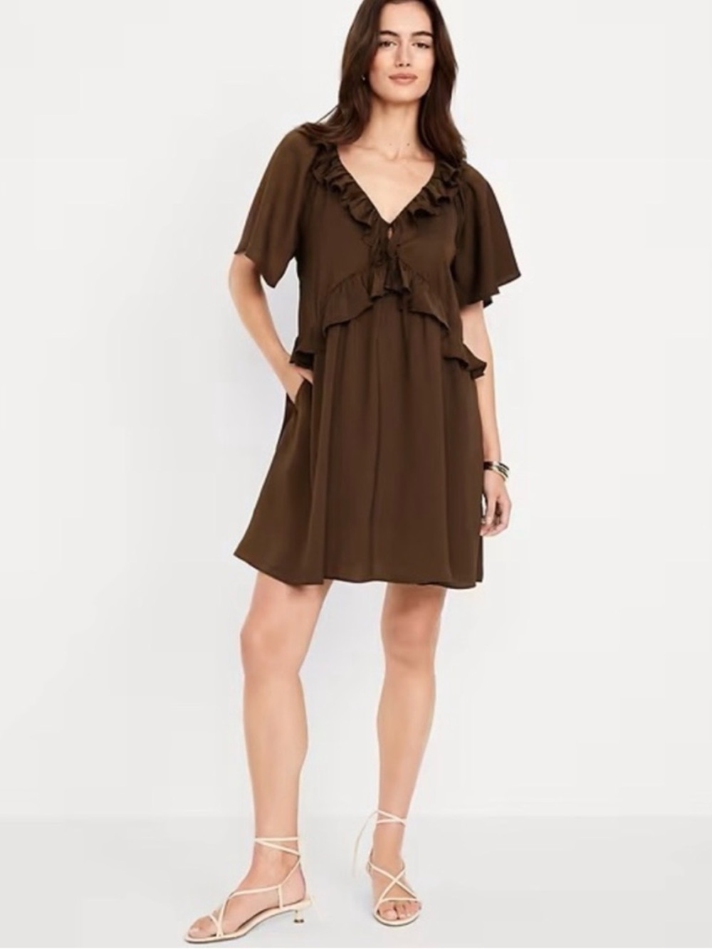Old Navy Chocolate Brown Ruffle V-Neck Mini Dress